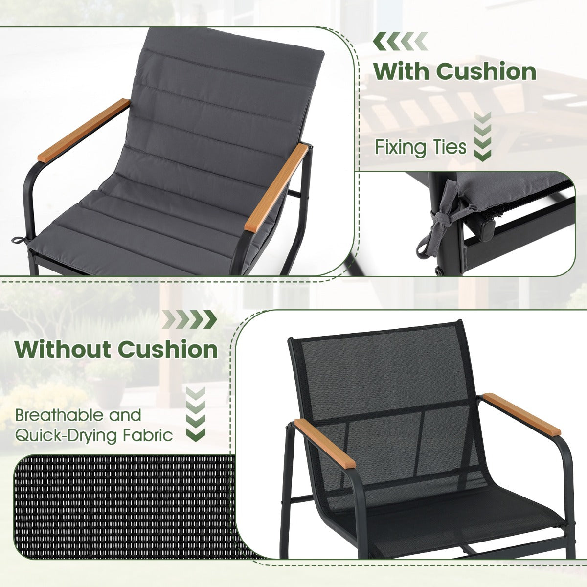 Livsk costway 3 delige bistroset voor buiten schommelstoelen met tafel van gehard glas metalen frame en zachte kussens model 2 3