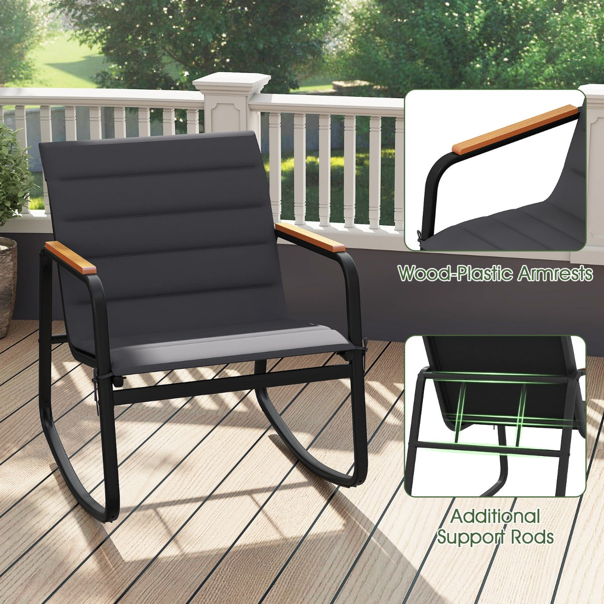 Livsk costway 3 delige bistroset voor buiten schommelstoelen met tafel van gehard glas metalen frame en zachte kussens model 2 5