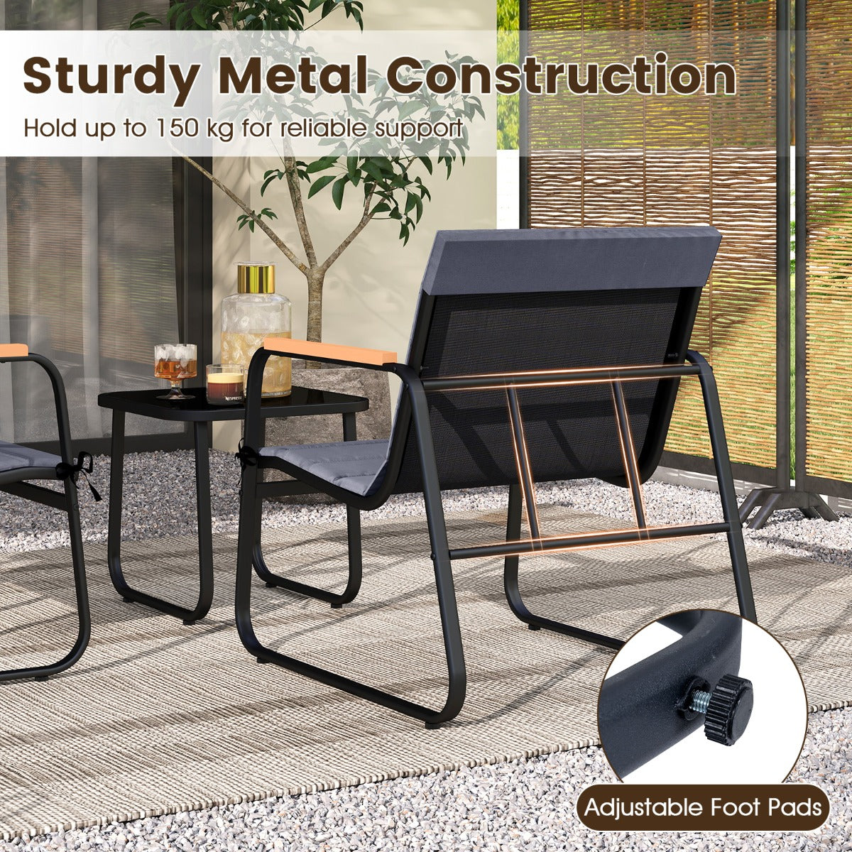 Livsk costway 3 delige bistroset voor het terras outdoor zitgroep met kussens glazen salontafel 5