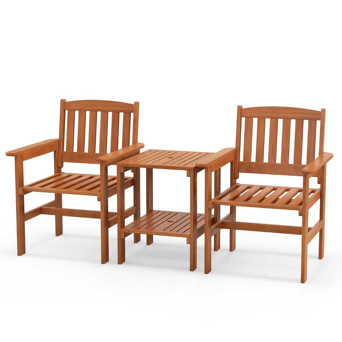 LIVSK 3-Delige Tuintafel en Stoelenset - Massief Hout - Ergonomische Stoelen - Parasolgat - Onderste Plank - Natuurlijk