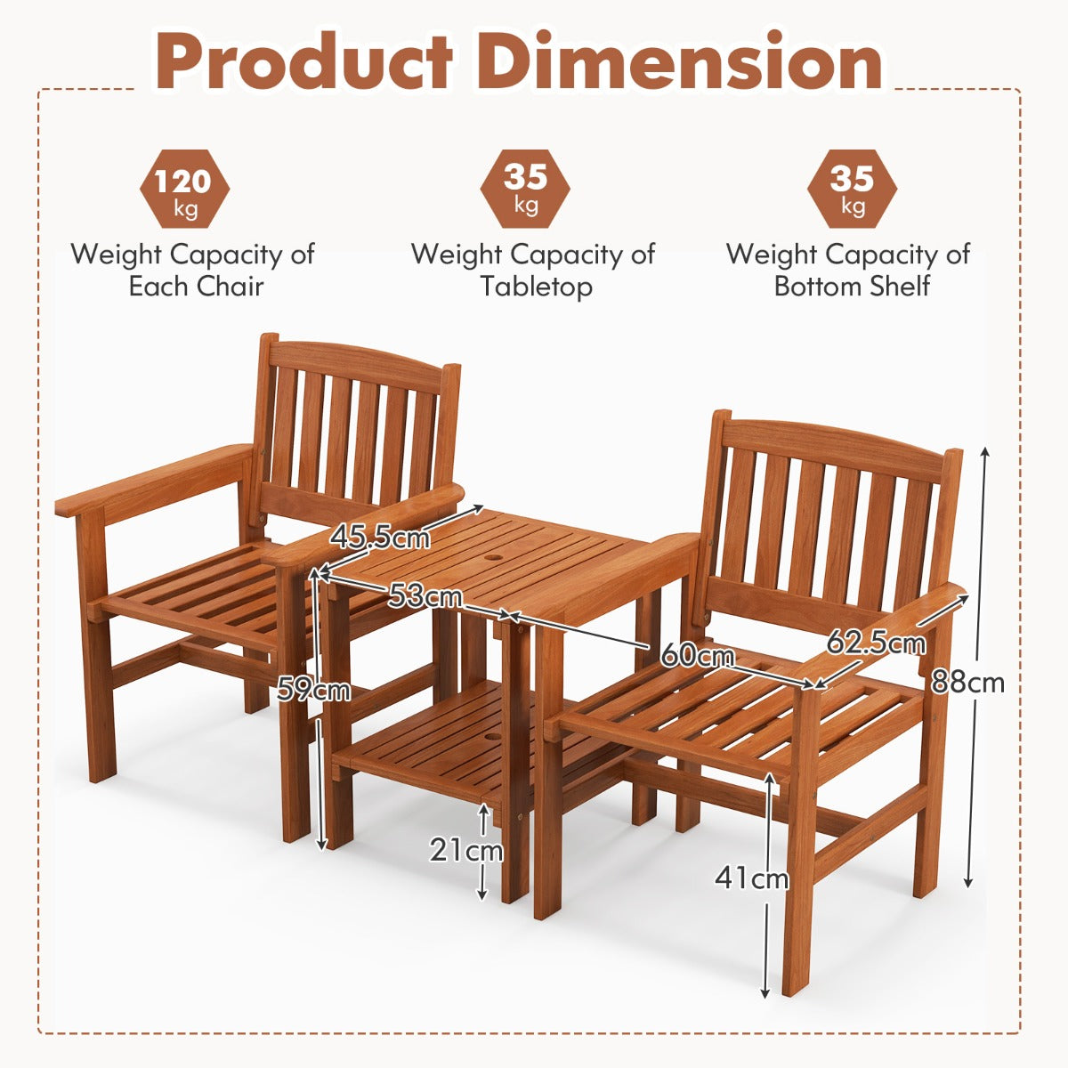 LIVSK 3-Delige Tuintafel en Stoelenset - Massief Hout - Ergonomische Stoelen - Parasolgat - Onderste Plank - Natuurlijk