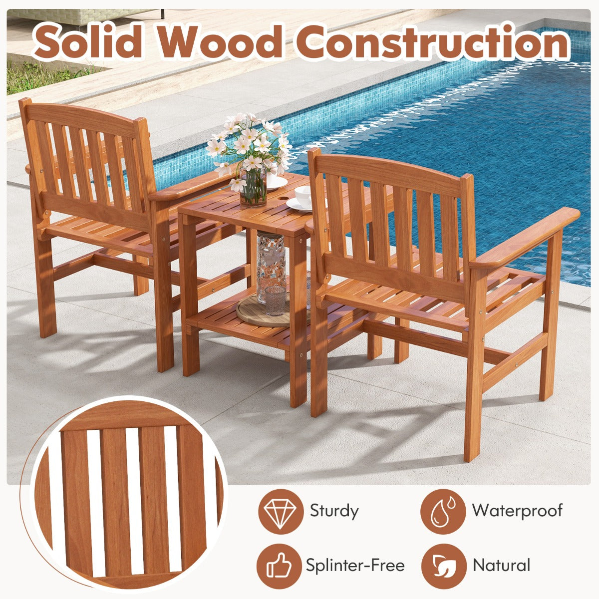 LIVSK 3-Delige Tuintafel en Stoelenset - Massief Hout - Ergonomische Stoelen - Parasolgat - Onderste Plank - Natuurlijk