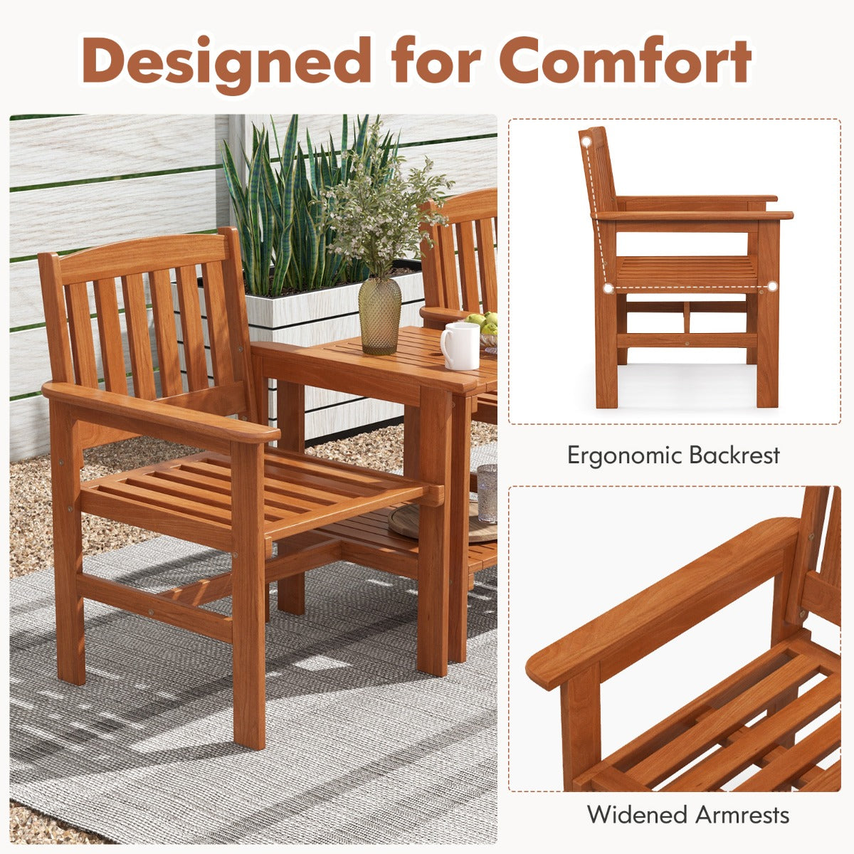 LIVSK 3-Delige Tuintafel en Stoelenset - Massief Hout - Ergonomische Stoelen - Parasolgat - Onderste Plank - Natuurlijk