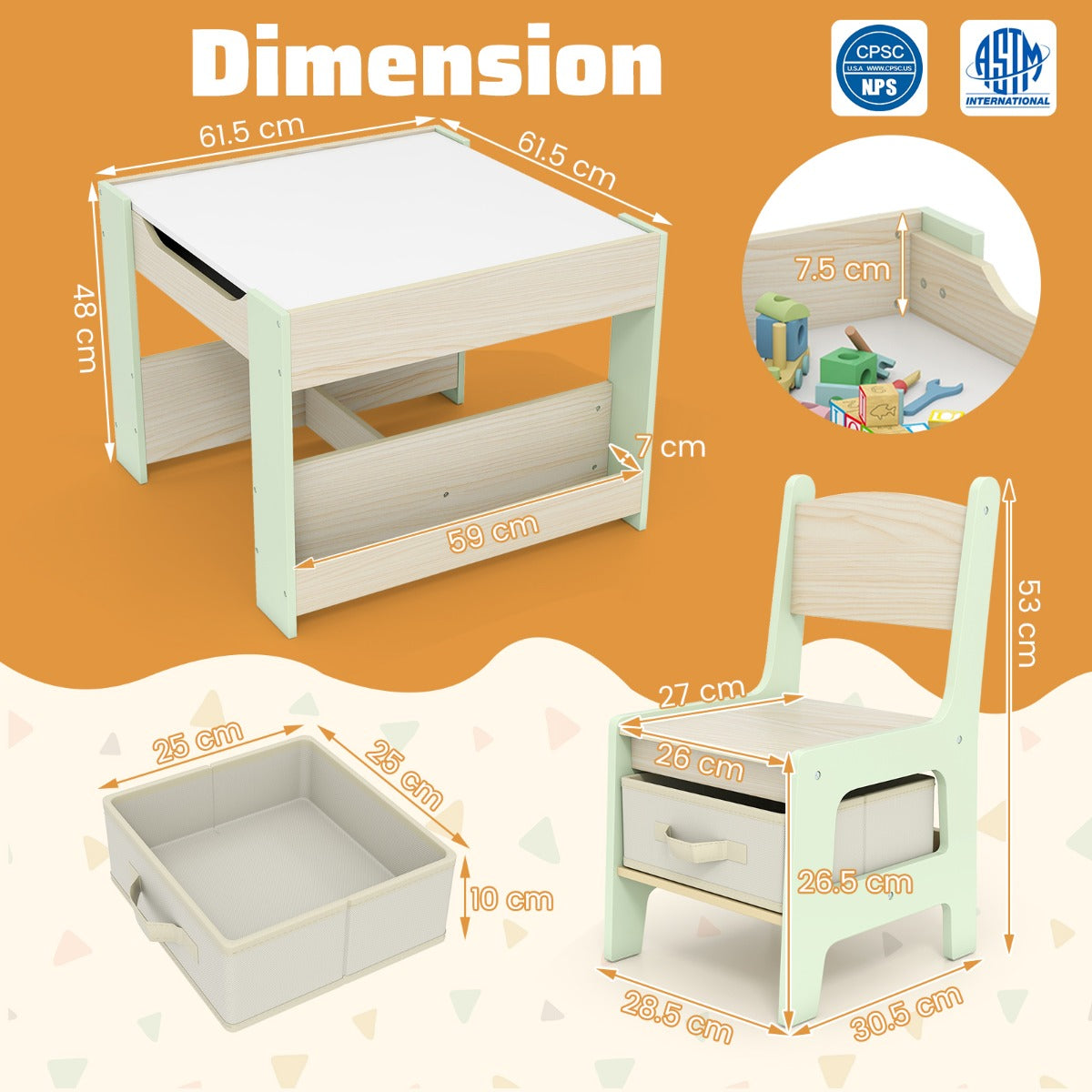 Livsk costway 3 delige bureau en stoelset voor kinderen 4 in 1 activiteiten tafel met omkeerbaar tafelblad boekenplank en opbergdoos 1 2