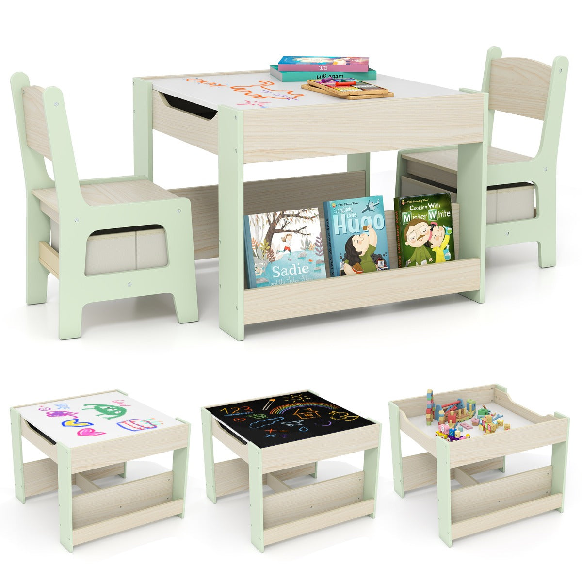 Livsk costway 3 delige bureau en stoelset voor kinderen 4 in 1 activiteiten tafel met omkeerbaar tafelblad boekenplank en opbergdoos