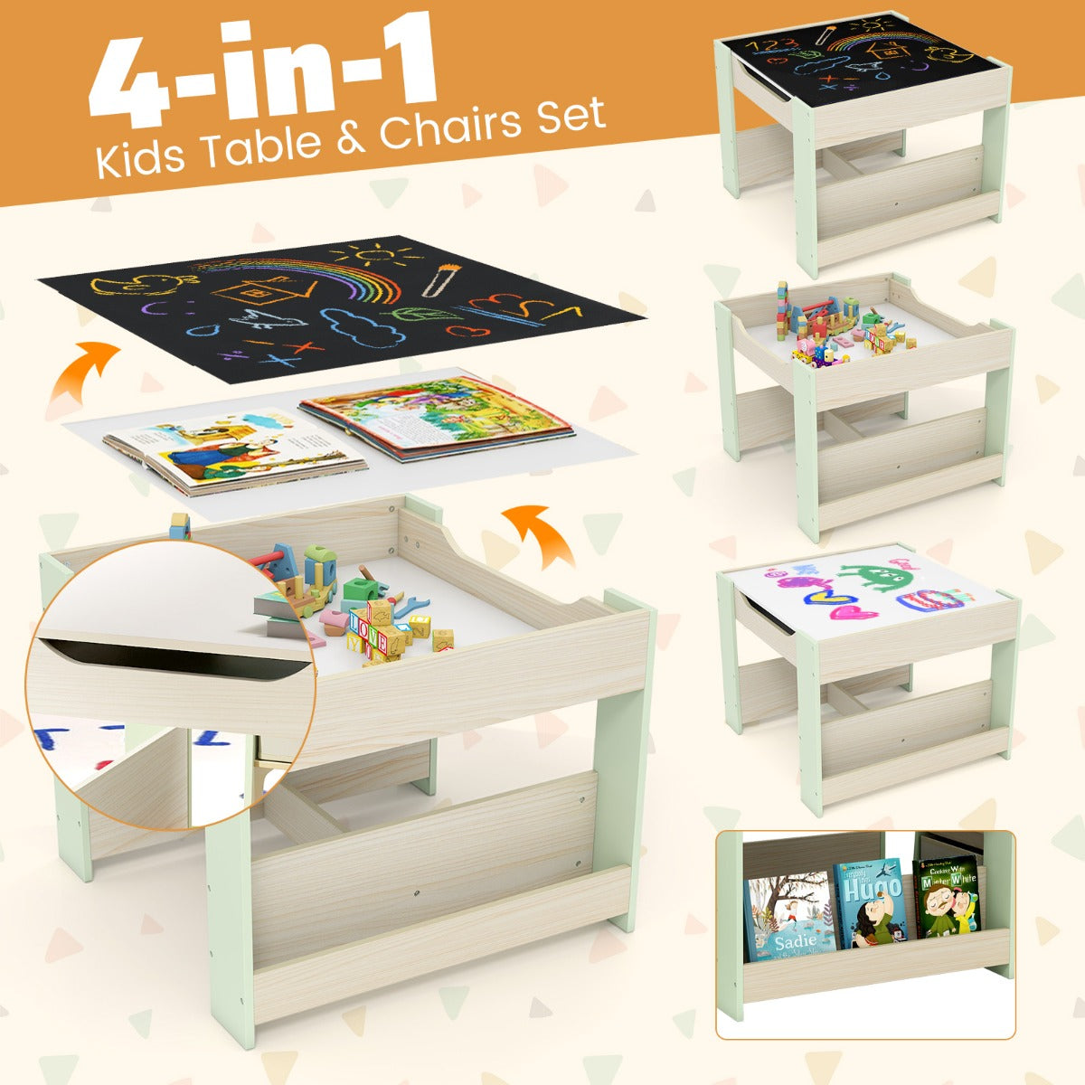 Livsk costway 3 delige bureau en stoelset voor kinderen 4 in 1 activiteiten tafel met omkeerbaar tafelblad boekenplank en opbergdoos 2 2