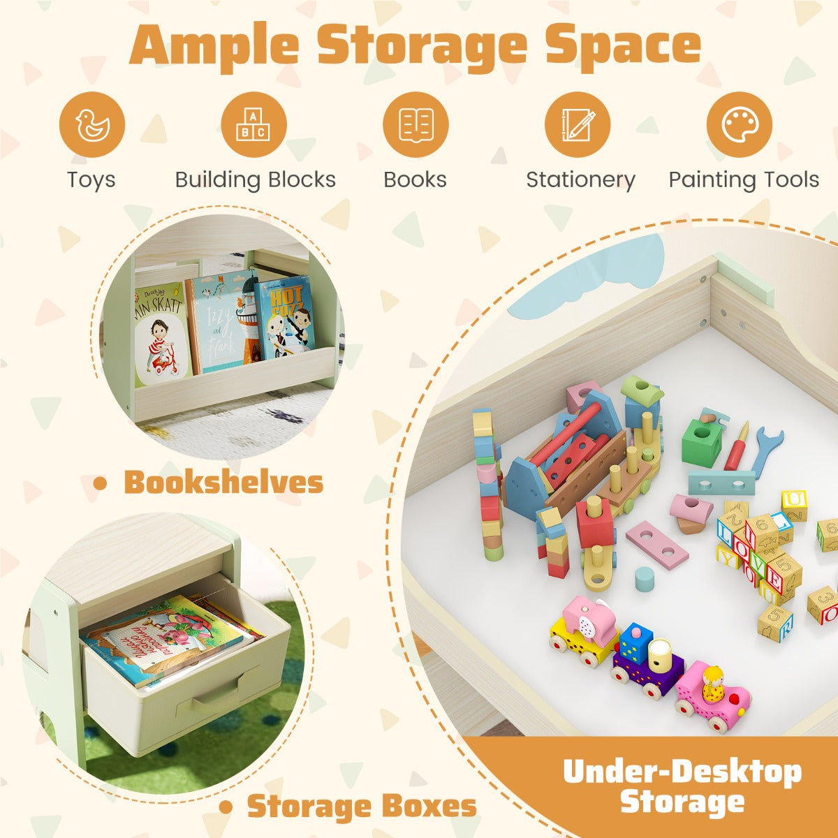 Livsk costway 3 delige bureau en stoelset voor kinderen 4 in 1 activiteiten tafel met omkeerbaar tafelblad boekenplank en opbergdoos 3 1