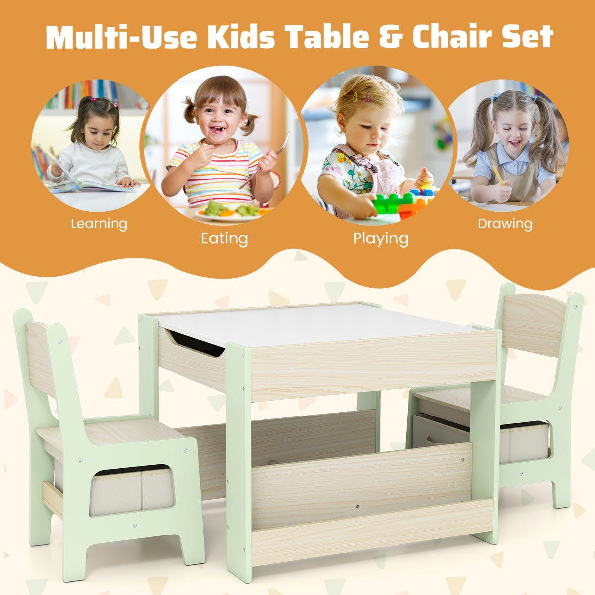 Livsk costway 3 delige bureau en stoelset voor kinderen 4 in 1 activiteiten tafel met omkeerbaar tafelblad boekenplank en opbergdoos 5 1