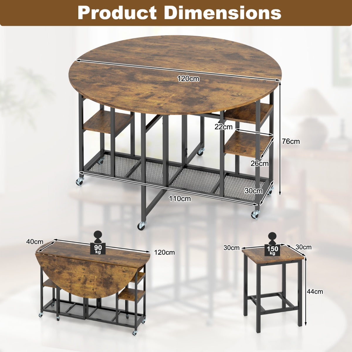 LIVSK 3-delige Eetkamerset - Ronde Opklaptafel 120 cm - Inclusief 2 Stevige Krukken - Ruimtebesparend - Bruin