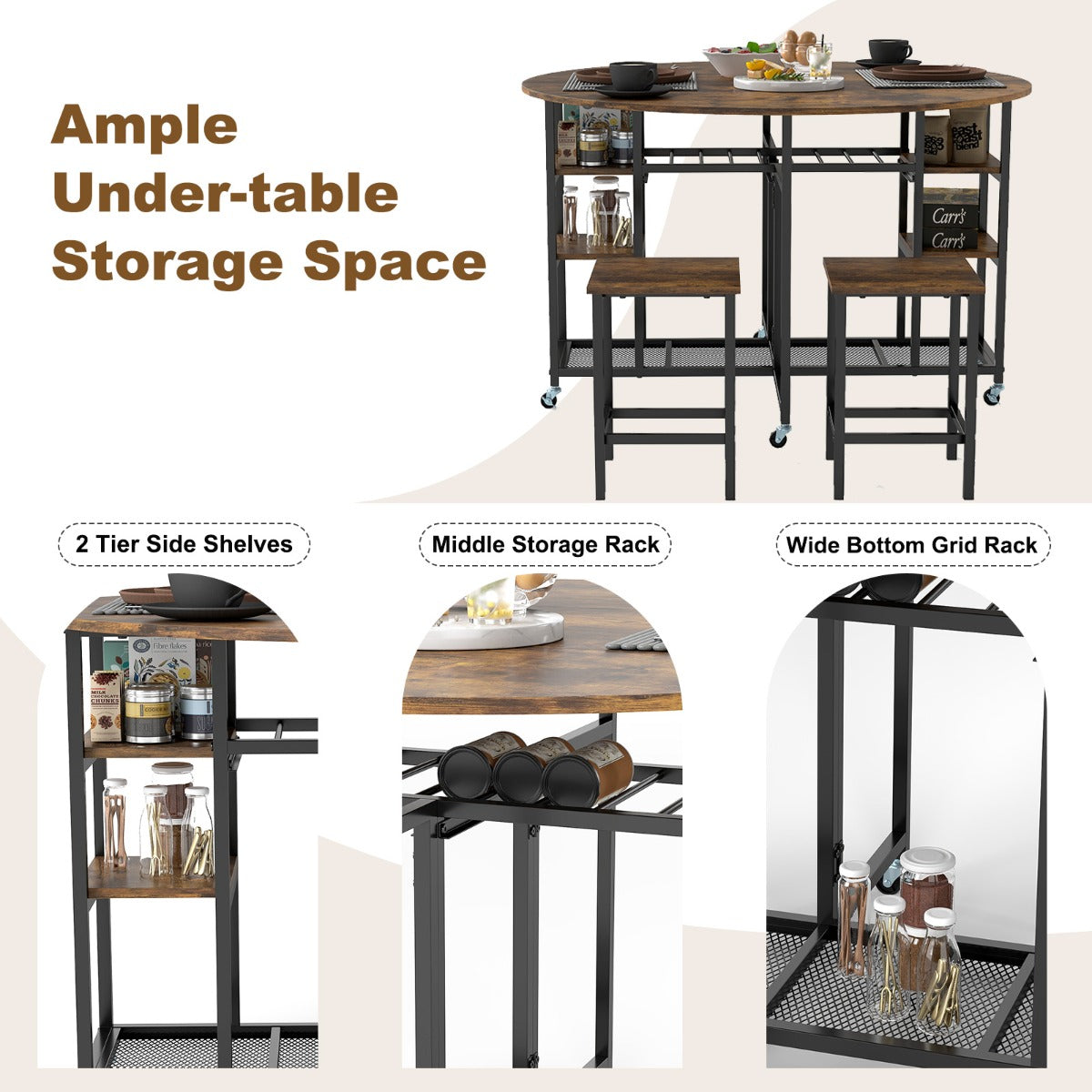 LIVSK 3-delige Eetkamerset - Ronde Opklaptafel 120 cm - Inclusief 2 Stevige Krukken - Ruimtebesparend - Bruin