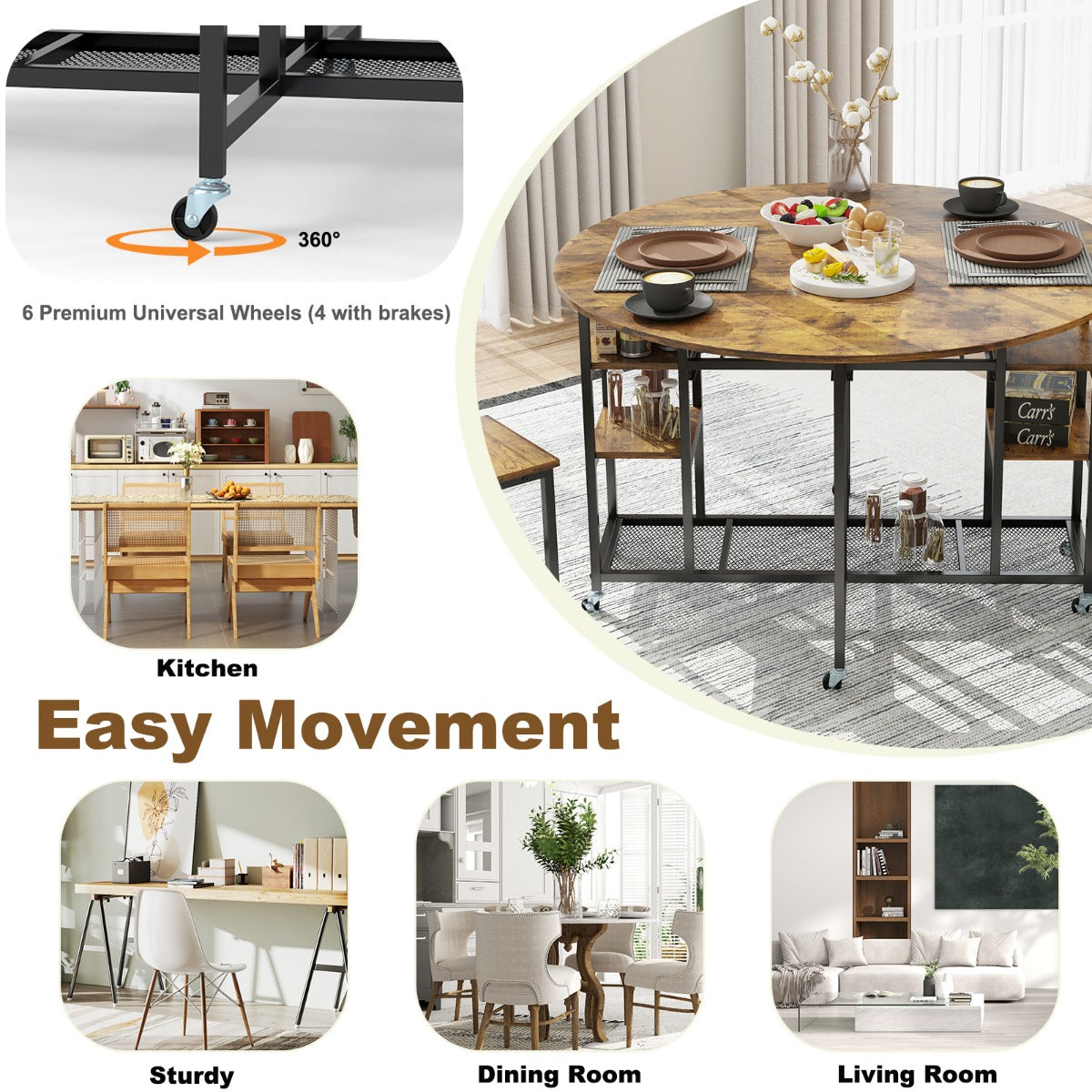 LIVSK 3-delige Eetkamerset - Ronde Opklaptafel 120 cm - Inclusief 2 Stevige Krukken - Ruimtebesparend - Bruin