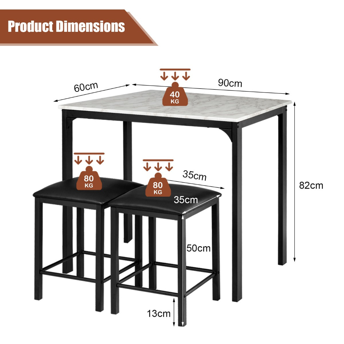 LIVSK Eettafelset met 2 Krukken - Ruimtebesparend - Robuust Metalen Frame - Modern Design - Voor 2 Personen - Wit