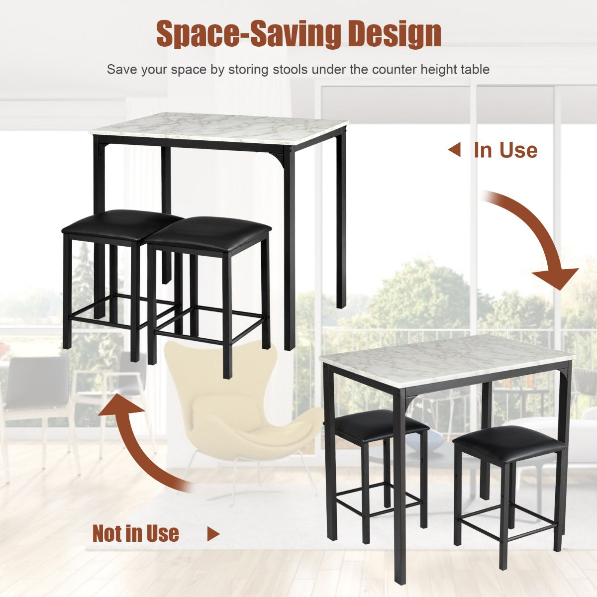 LIVSK Eettafelset met 2 Krukken - Ruimtebesparend - Robuust Metalen Frame - Modern Design - Voor 2 Personen - Wit