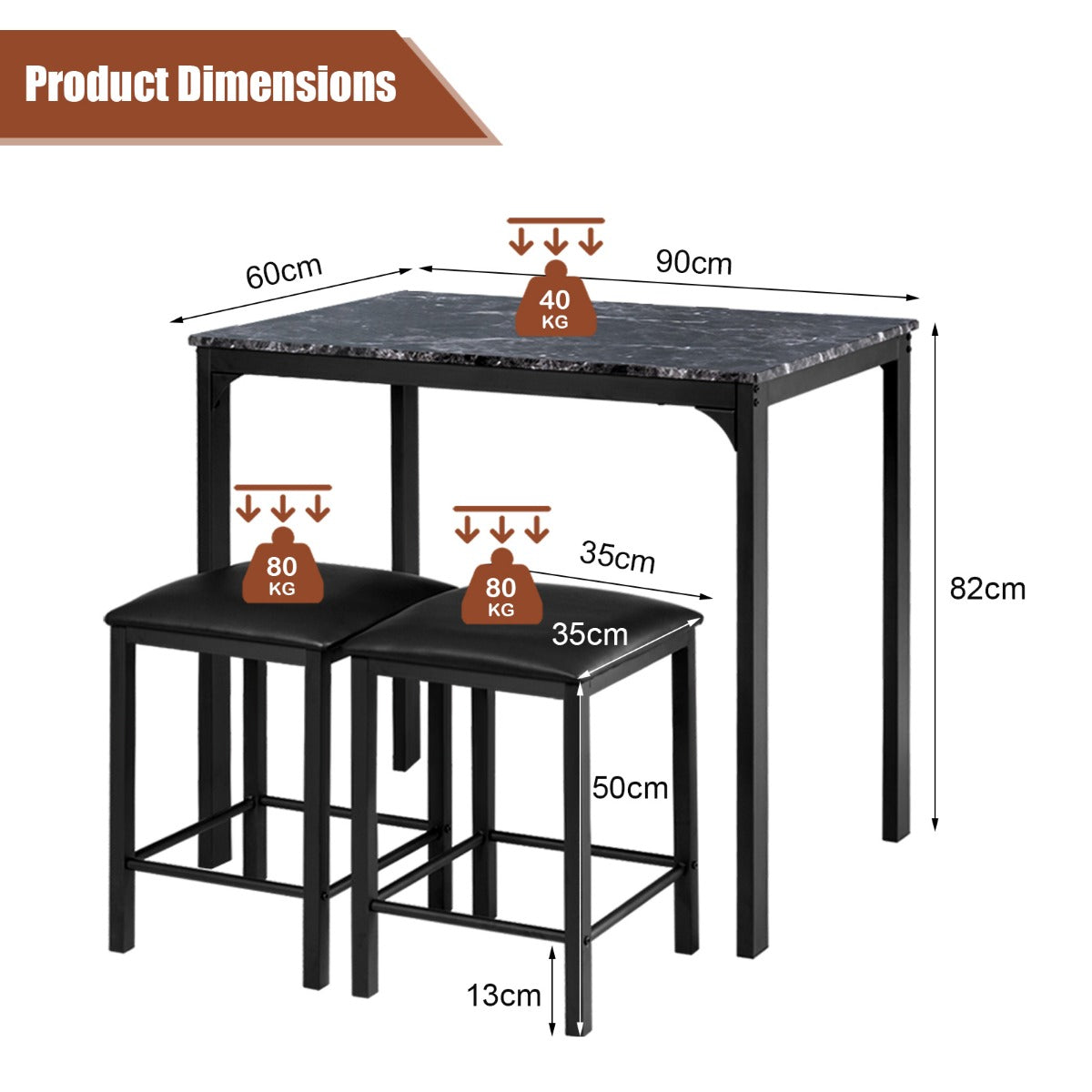 LIVSK Eettafelset 3-Delig - Verhoogde Tafel met Marmerlook - Ruimtebesparend - Inclusief 2 Krukken - 90 x 60 x 82 cm - Zwart