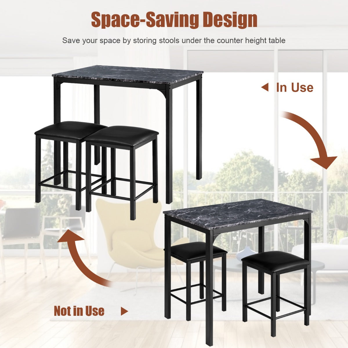 LIVSK Eettafelset 3-Delig - Verhoogde Tafel met Marmerlook - Ruimtebesparend - Inclusief 2 Krukken - 90 x 60 x 82 cm - Zwart