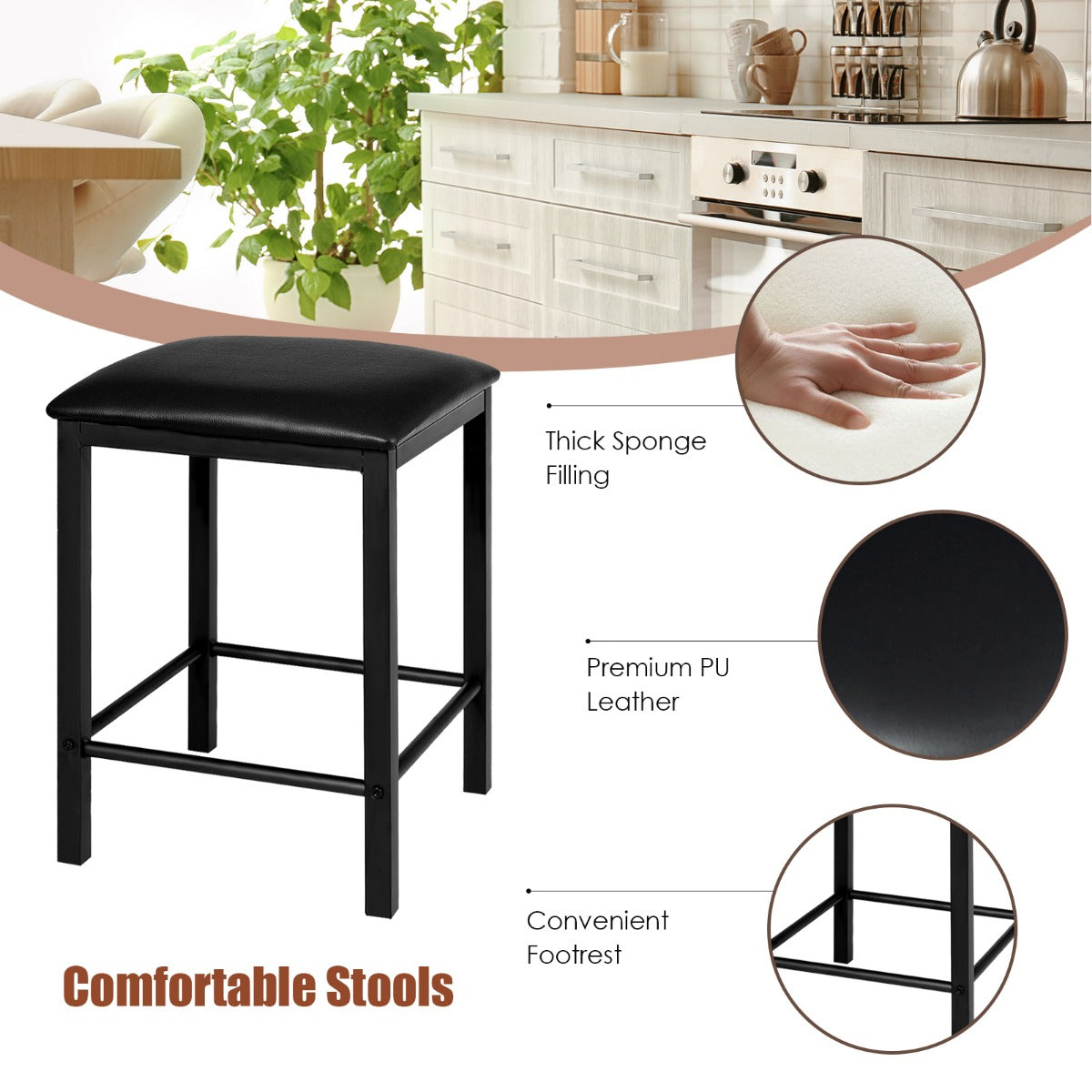 LIVSK Eettafelset 3-Delig - Verhoogde Tafel met Marmerlook - Ruimtebesparend - Inclusief 2 Krukken - 90 x 60 x 82 cm - Zwart
