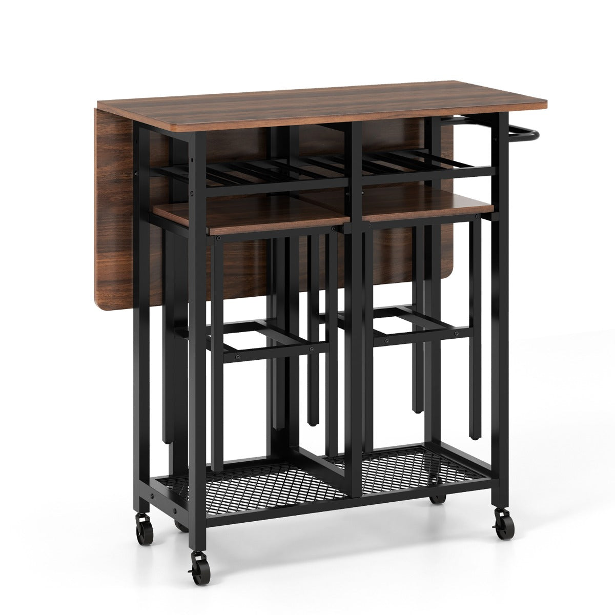 LIVSK Inklapbare Eettafelset met 2 Krukken - Aanpasbaar voor Compacte Ruimtes - Wijnrek voor 6 Flessen - Rustiek Bruin & Zwart