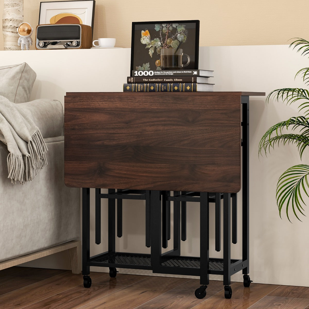 LIVSK Inklapbare Eettafelset met 2 Krukken - Aanpasbaar voor Compacte Ruimtes - Wijnrek voor 6 Flessen - Rustiek Bruin & Zwart