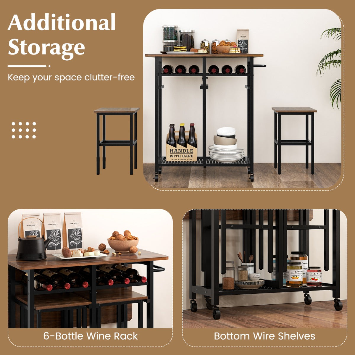 LIVSK Inklapbare Eettafelset met 2 Krukken - Aanpasbaar voor Compacte Ruimtes - Wijnrek voor 6 Flessen - Rustiek Bruin & Zwart