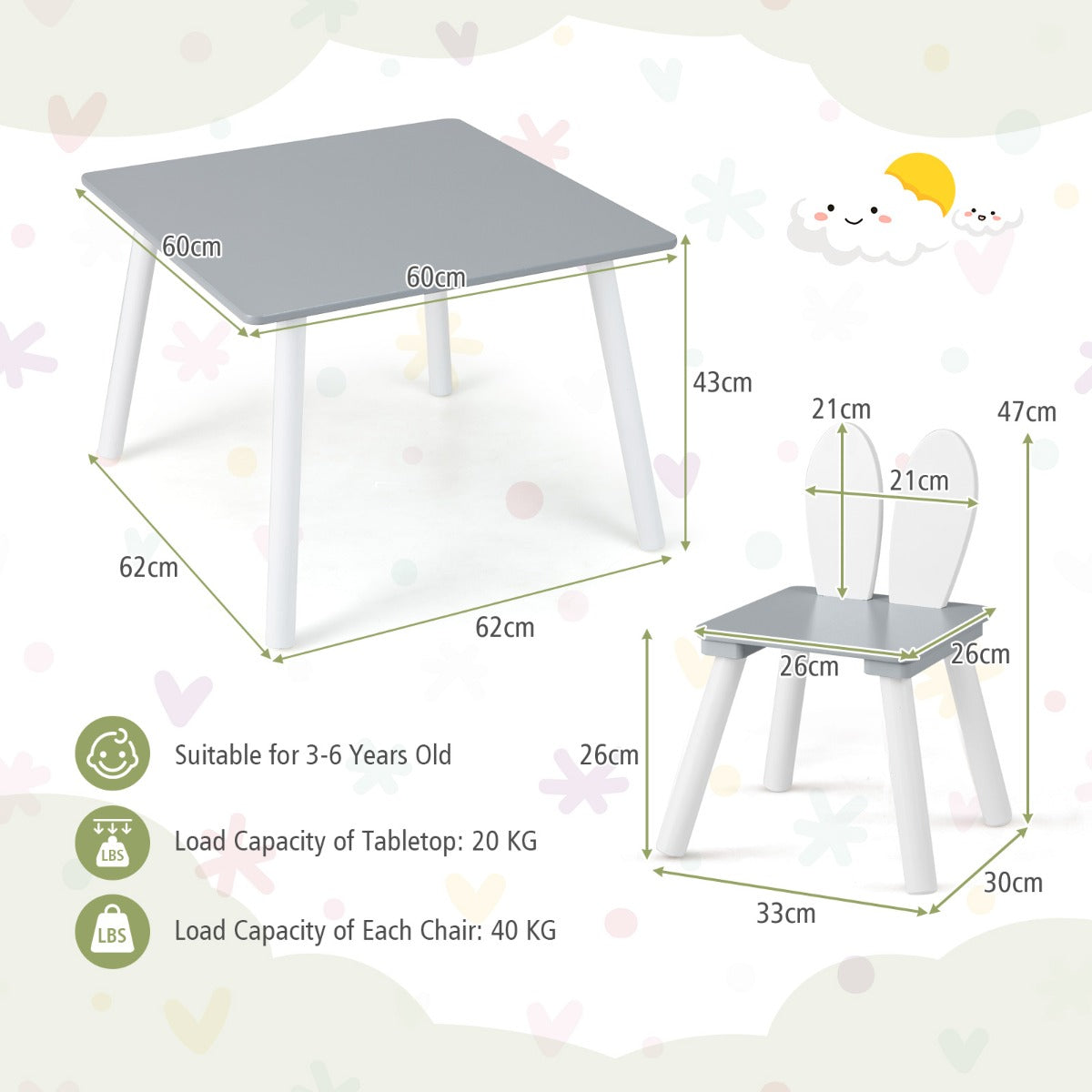 LIVSK Kindertafel en Stoelenset - 2 Schattige Stoelen met Rugleuning - Ruim Tafelblad - Veilig en Ruimtebesparend - Wit