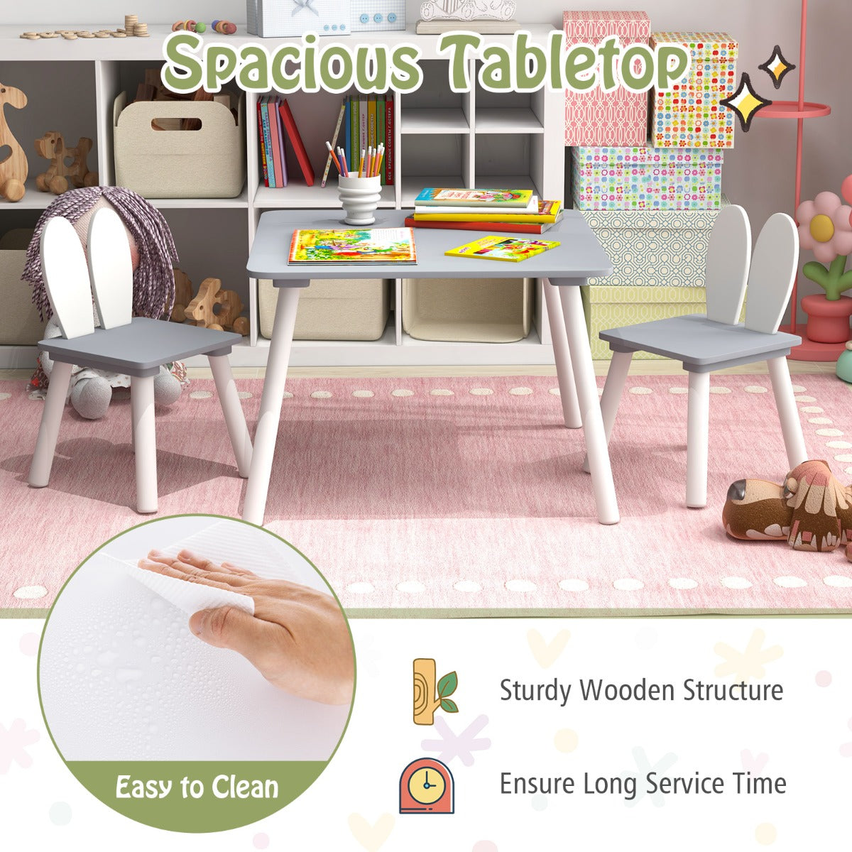 LIVSK Kindertafel en Stoelenset - 2 Schattige Stoelen met Rugleuning - Ruim Tafelblad - Veilig en Ruimtebesparend - Wit
