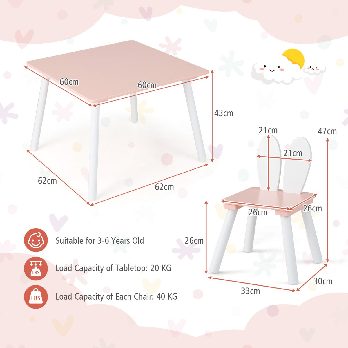 LIVSK Kindertafel en Stoelenset - 2 Schattige Stoelen met Rugleuning - Ruimtebesparend - Veilig en Stevig - Wit