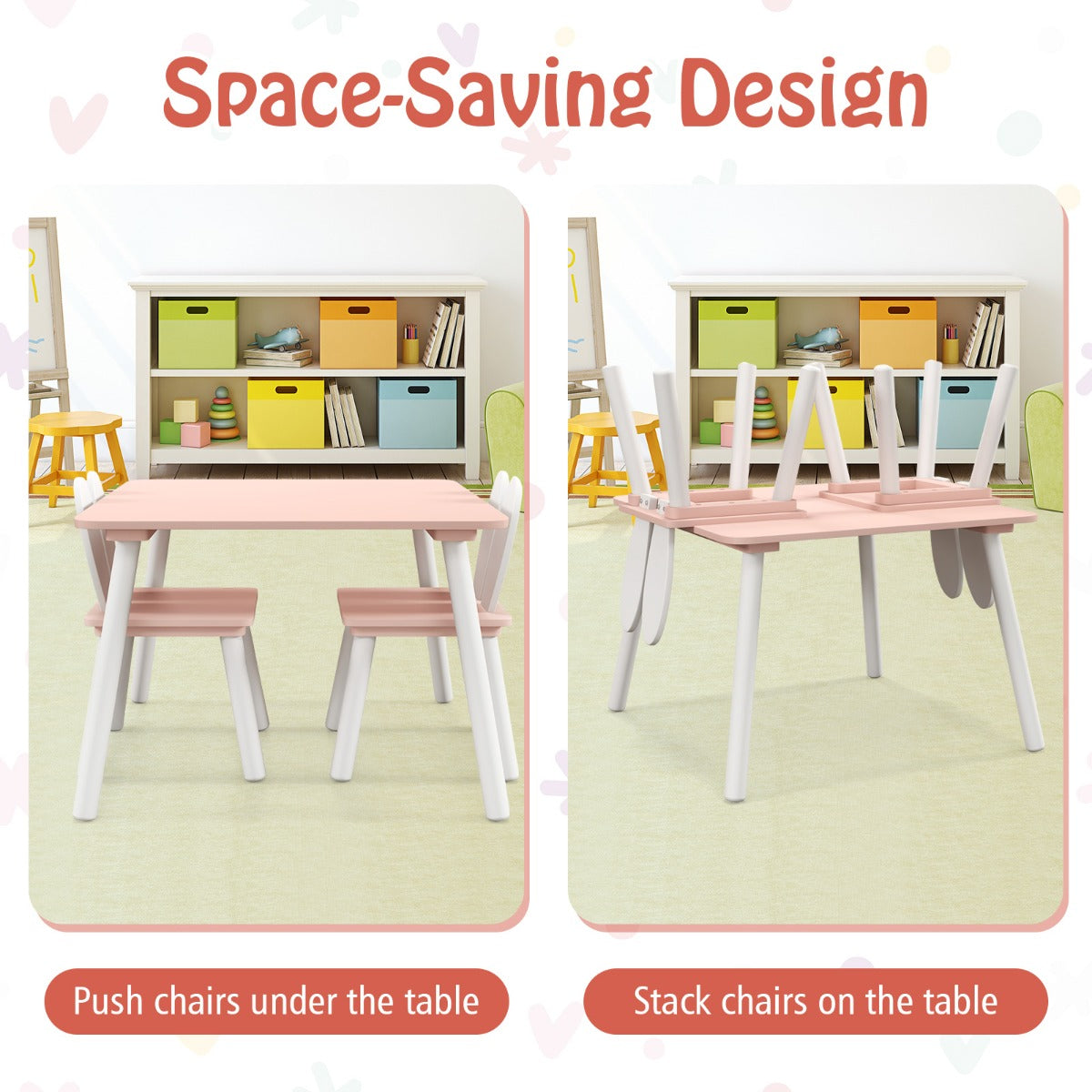 LIVSK Kindertafel en Stoelenset - 2 Schattige Stoelen met Rugleuning - Ruimtebesparend - Veilig en Stevig - Wit