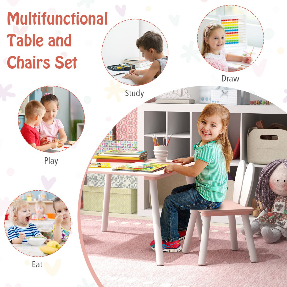 LIVSK Kindertafel en Stoelenset - 2 Schattige Stoelen met Rugleuning - Ruimtebesparend - Veilig en Stevig - Wit