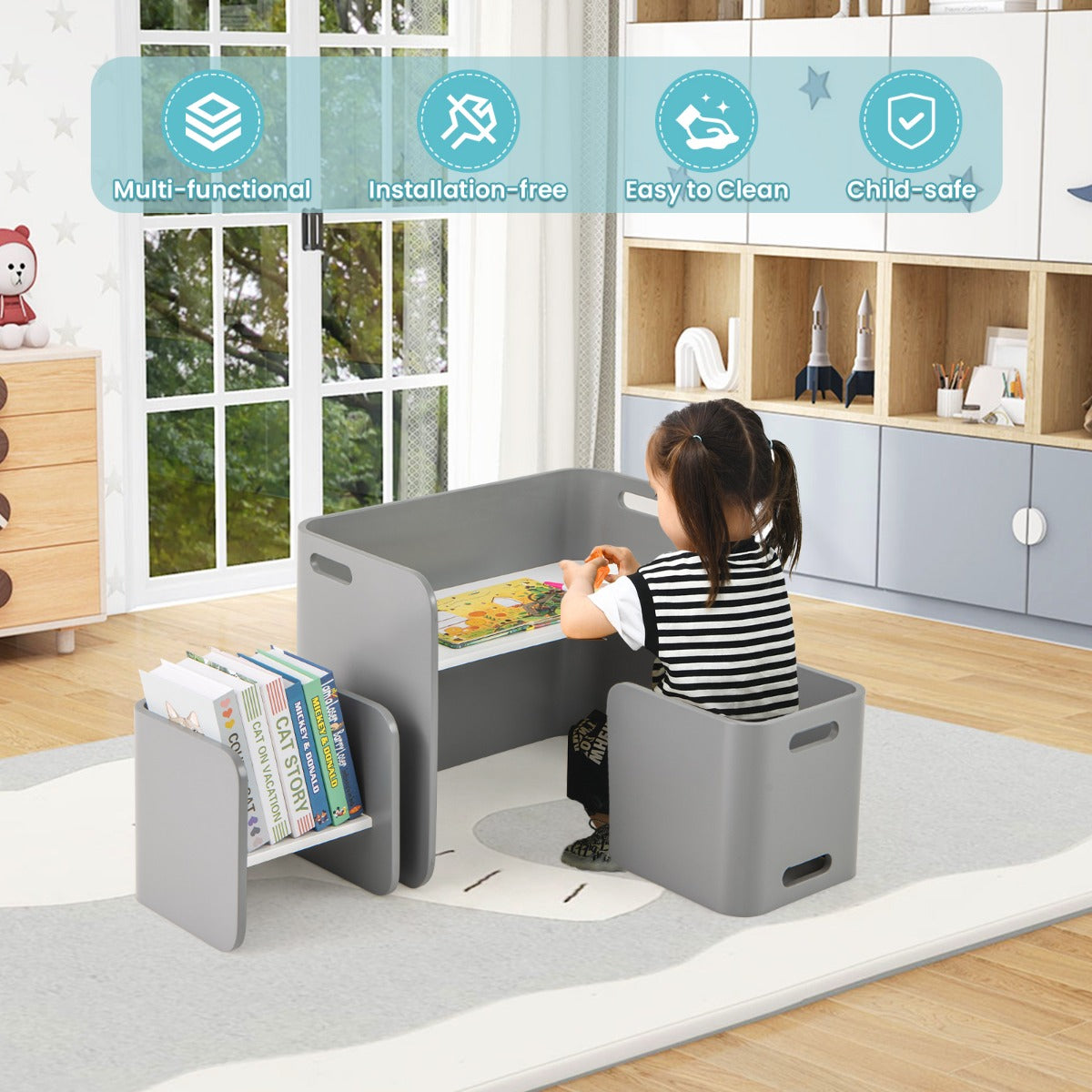 LIVSK Kindertafel en Stoelen Set - Multifunctioneel met Opbergruimte - Ergonomisch - Duurzaam Berkenhout - Voor Kinderen 2-9 Jaar