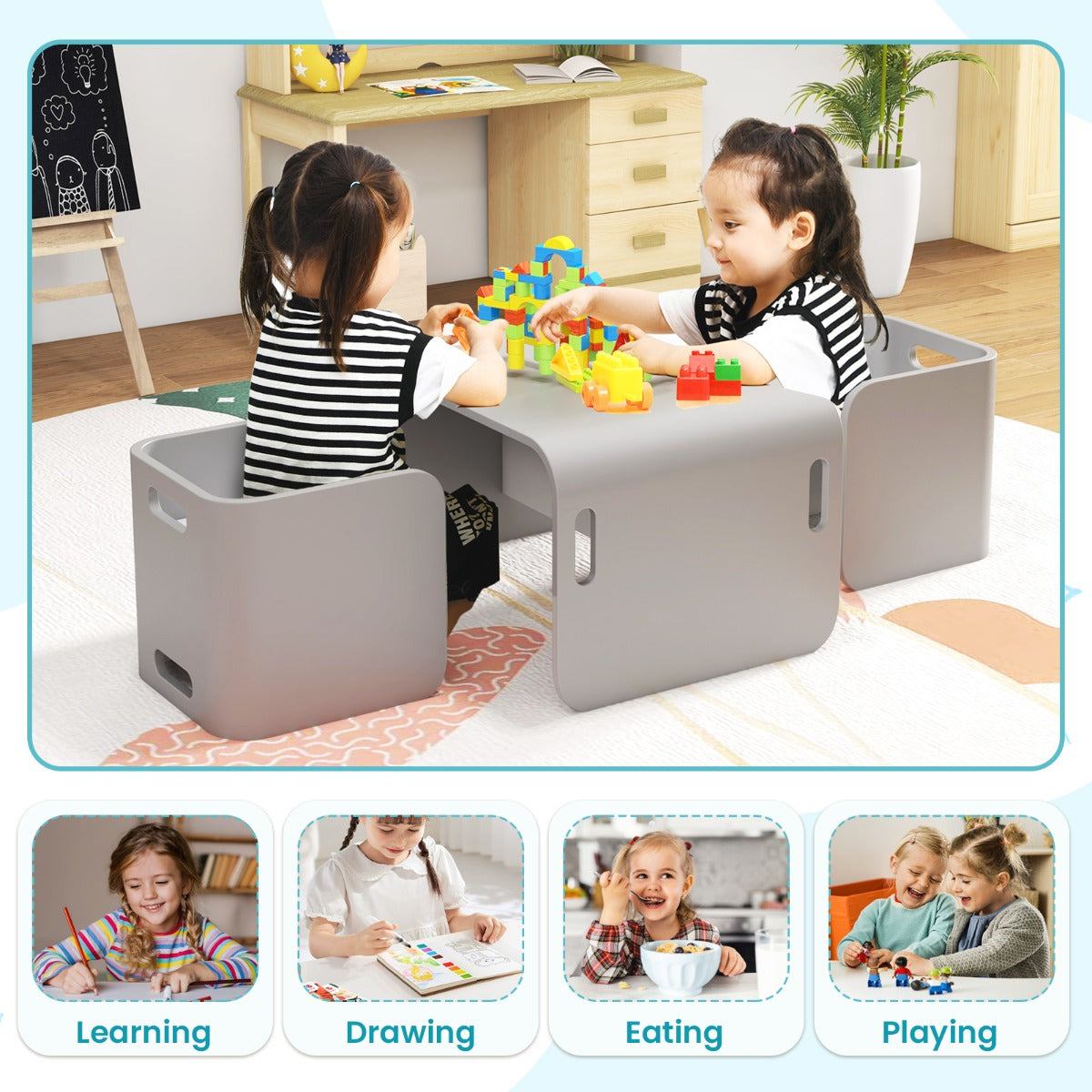 LIVSK Kindertafel en Stoelen Set - Multifunctioneel met Opbergruimte - Ergonomisch - Duurzaam Berkenhout - Voor Kinderen 2-9 Jaar