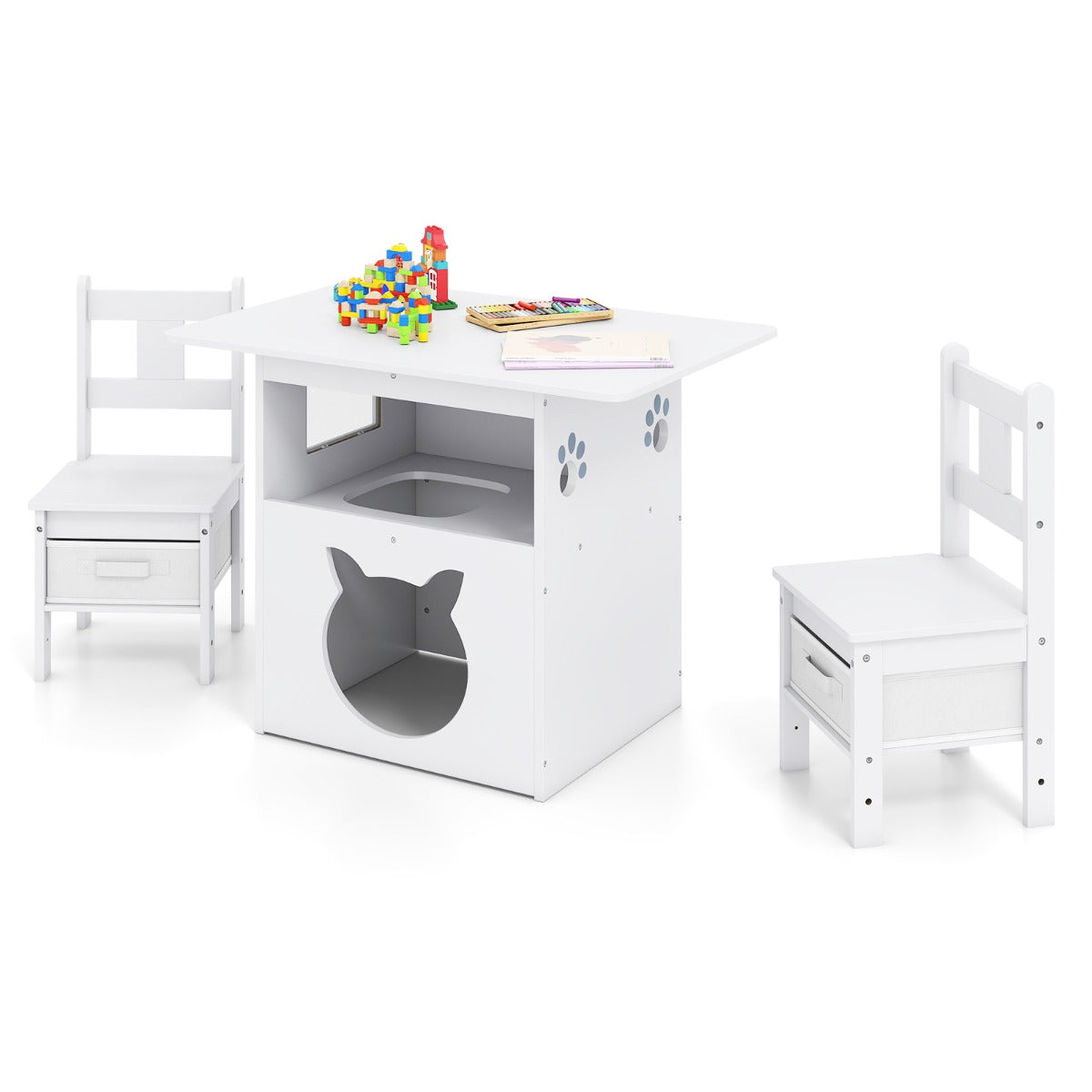 Livsk costway 3 delige kindertafelset met 2 stoelen 2 in 1 kinderzitjeset met kattenhuis 1 1