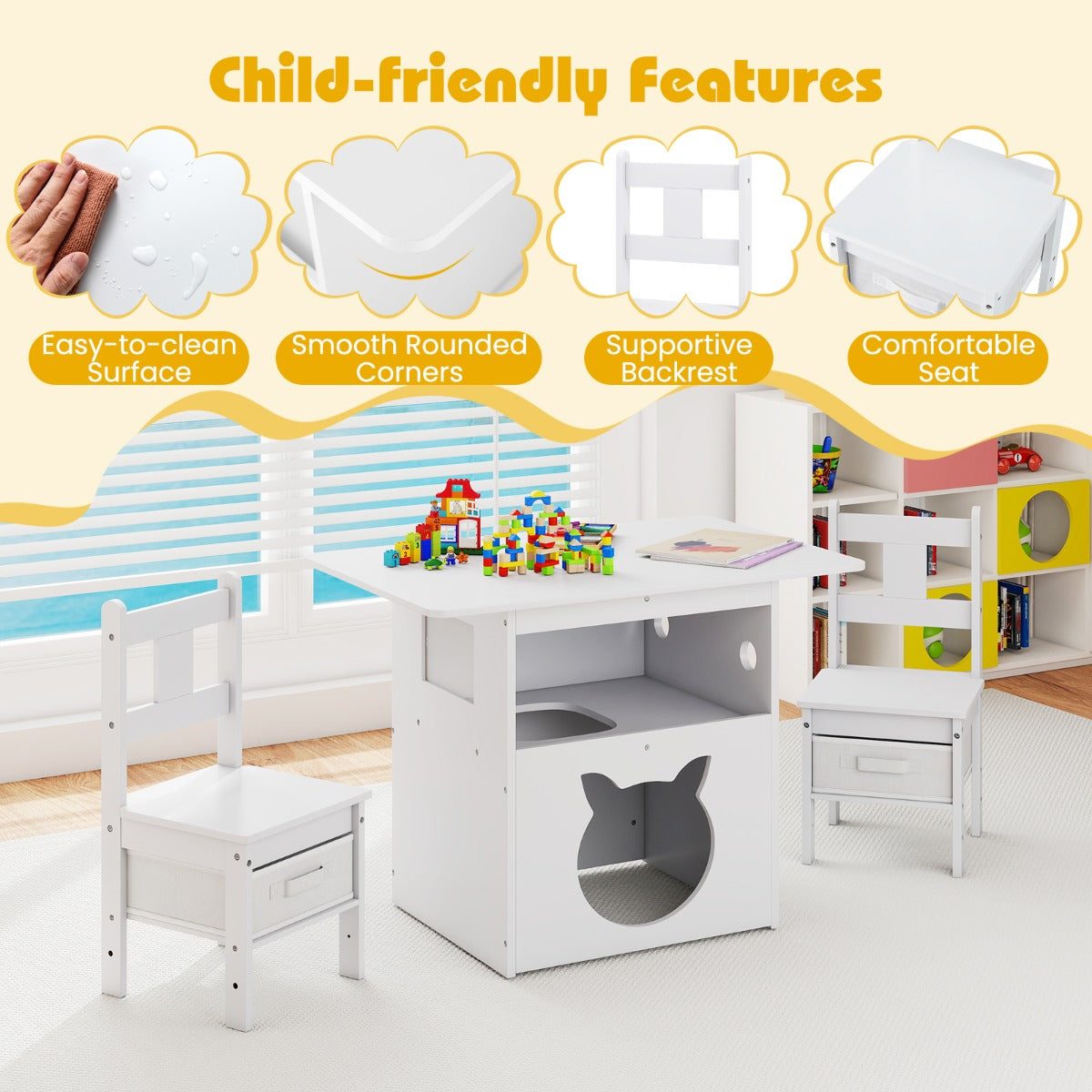 Livsk costway 3 delige kindertafelset met 2 stoelen 2 in 1 kinderzitjeset met kattenhuis 5