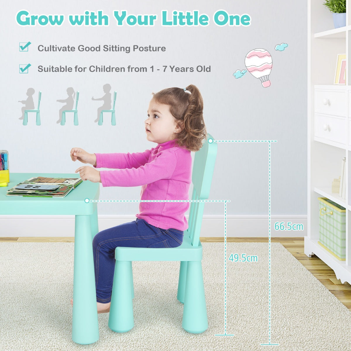 LIVSK Kinderset met Tafel en 2 Stoelen - Ergonomisch en Veilig - Eenvoudig te Monteren - Voor Kinderen van 1-7 Jaar - Groen