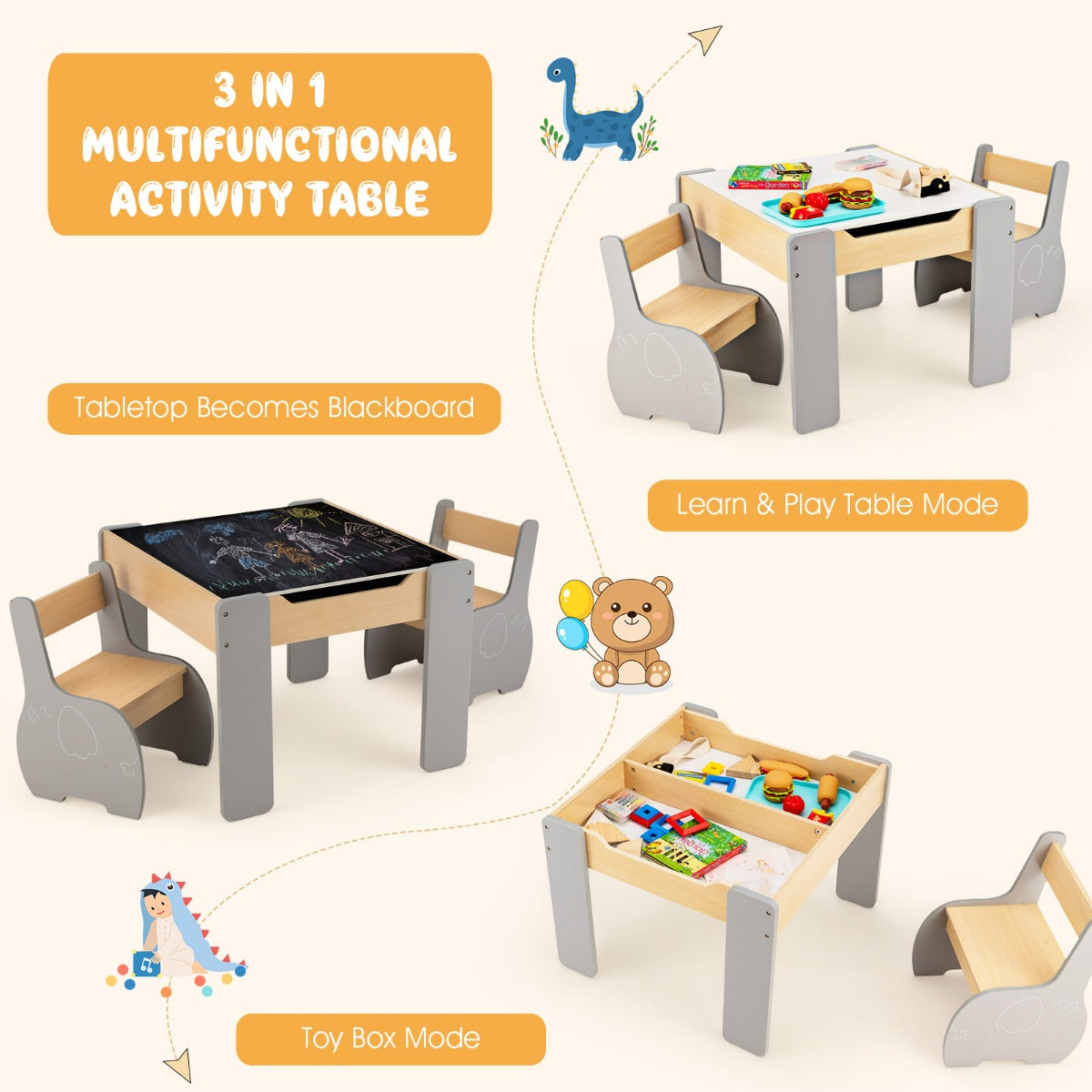 LIVSK Kindertafel- en Stoelset - 4-in-1 met Opbergruimte - Duurzaam Hout - Ergonomisch Ontwerp voor Kinderen 3-6 jaar - Grijs