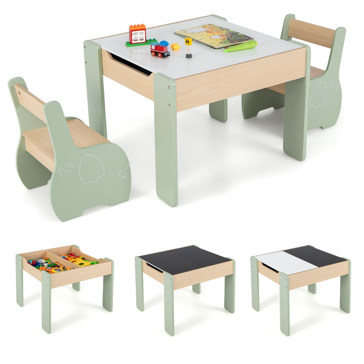 LIVSK 4-in-1 Kindertafel en Stoelset - Verborgen Opbergruimte - Houten Constructie - Voor Kinderen 3-6 Jaar - Groen