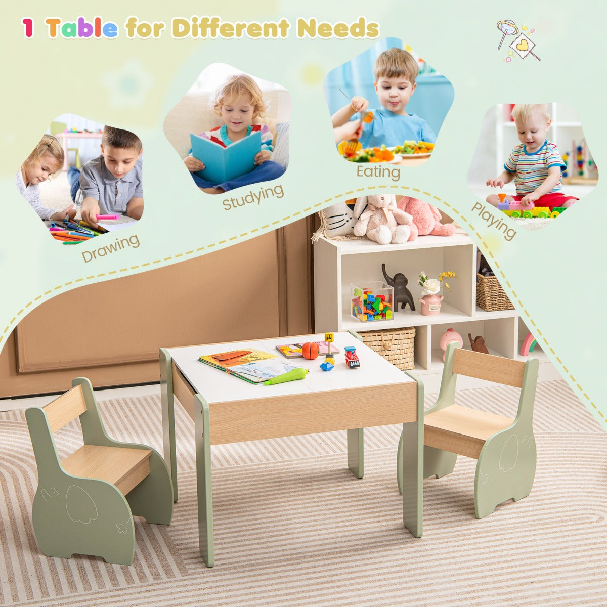 LIVSK 4-in-1 Kindertafel en Stoelset - Verborgen Opbergruimte - Houten Constructie - Voor Kinderen 3-6 Jaar - Groen