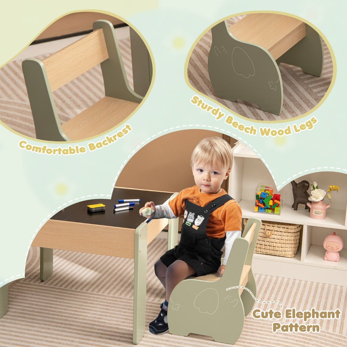 LIVSK 4-in-1 Kindertafel en Stoelset - Verborgen Opbergruimte - Houten Constructie - Voor Kinderen 3-6 Jaar - Groen