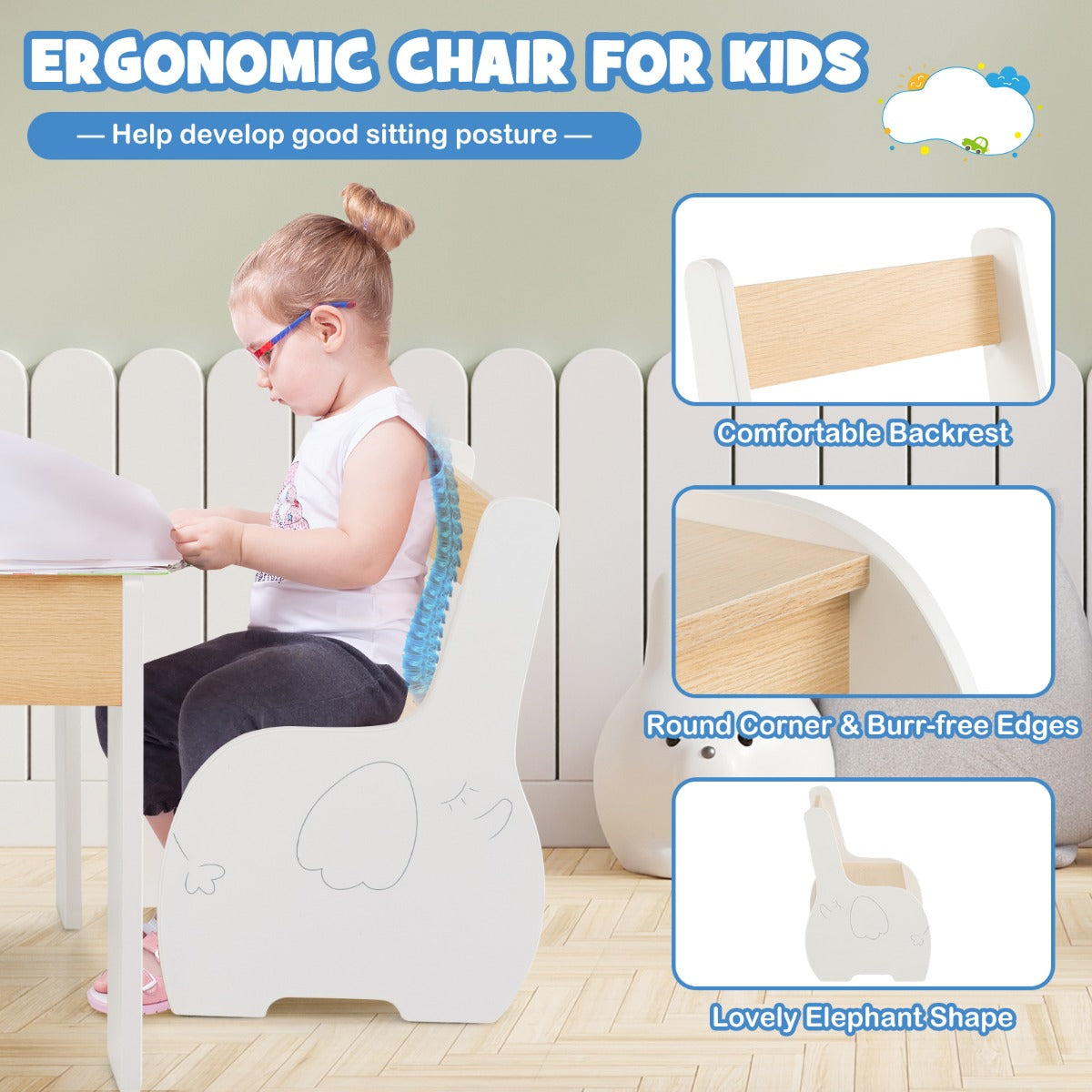 LIVSK Kindermeubelset - 4-in-1 Tafel met Opbergruimte en 2 Stoelen - Veilig en Duurzaam - Voor Kinderen 3-6 Jaar - Wit + Grijs