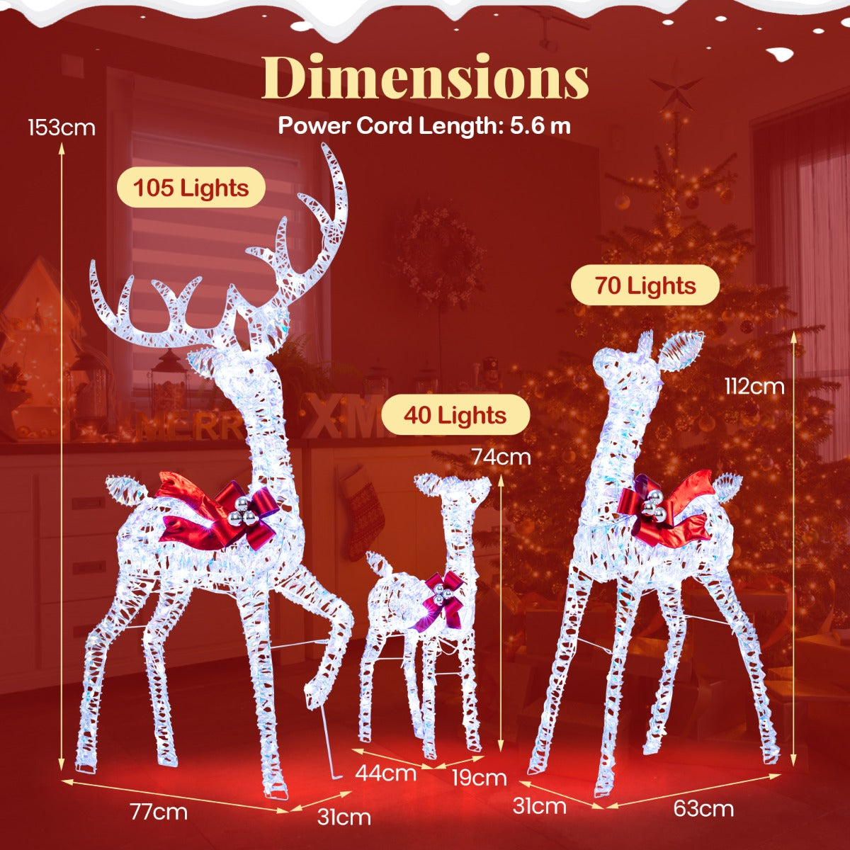 LIVSK 3-delige Kerst-renpaard-set - 215 Koudwitte LED-lampen - Weerbestendig - Magische uitstraling - Hert, Hindin, Kalf - Zoals