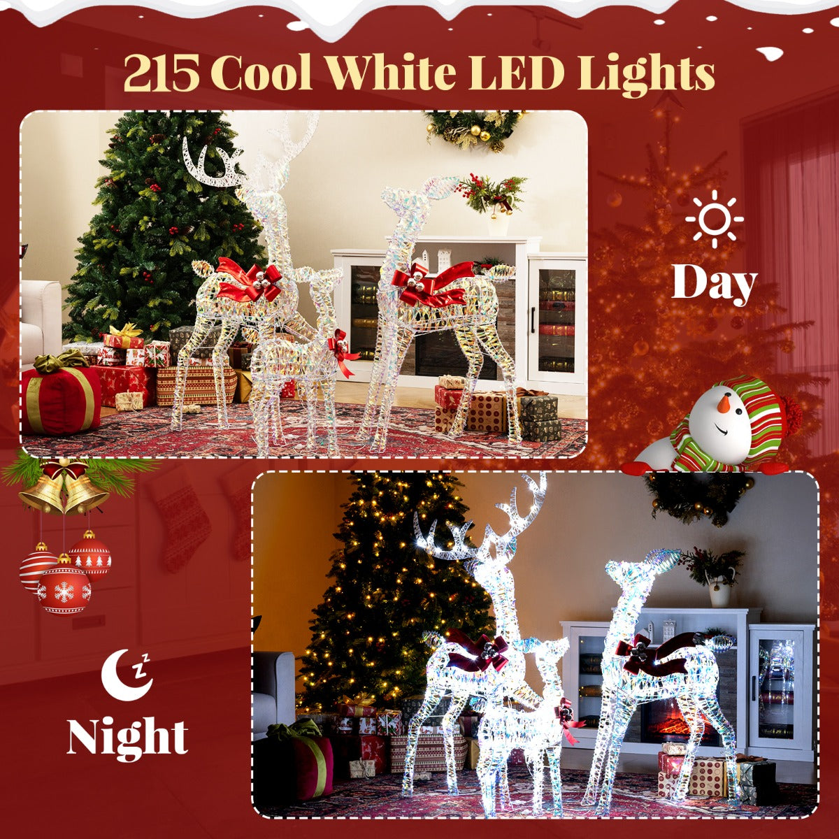 LIVSK 3-delige Kerst-renpaard-set - 215 Koudwitte LED-lampen - Weerbestendig - Magische uitstraling - Hert, Hindin, Kalf - Zoals