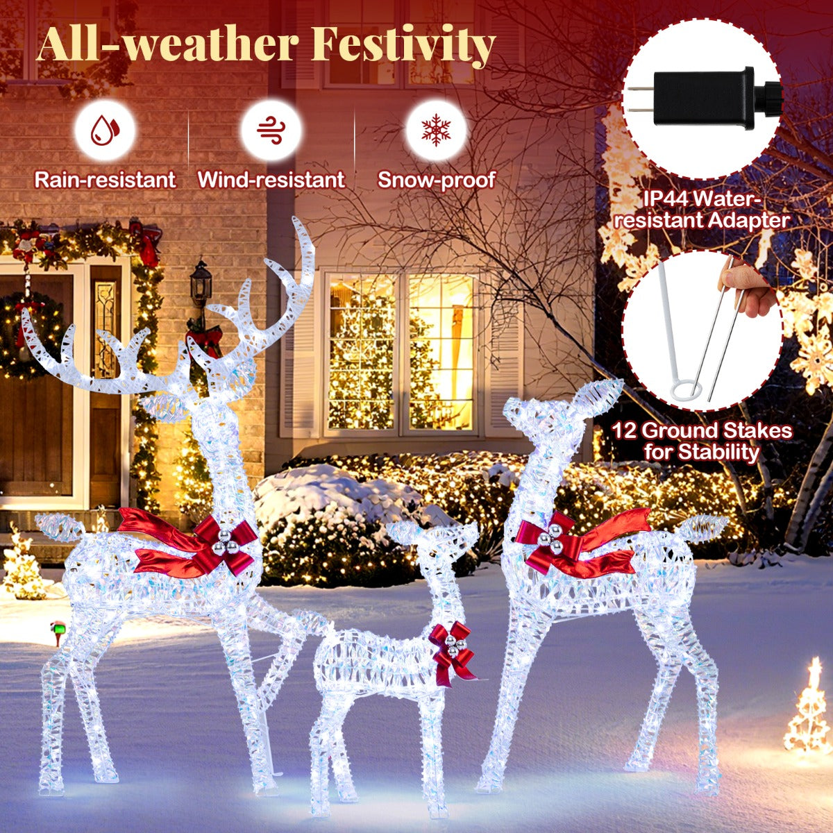 LIVSK 3-delige Kerst-renpaard-set - 215 Koudwitte LED-lampen - Weerbestendig - Magische uitstraling - Hert, Hindin, Kalf - Zoals