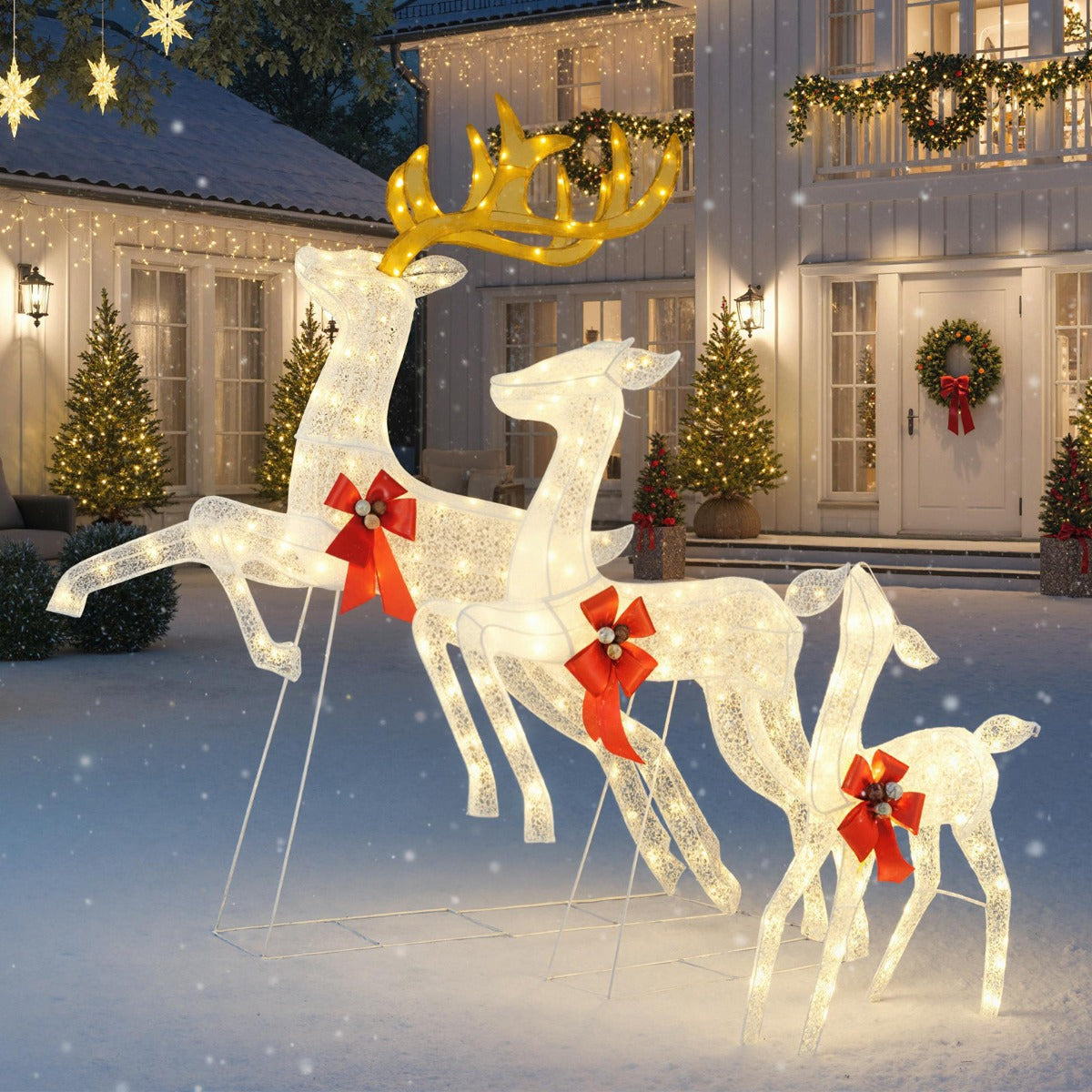 Livsk costway 3 delige led rendier familie met 330 warmwitte lichten strikken xxl verlichte kerstdecoratie 6