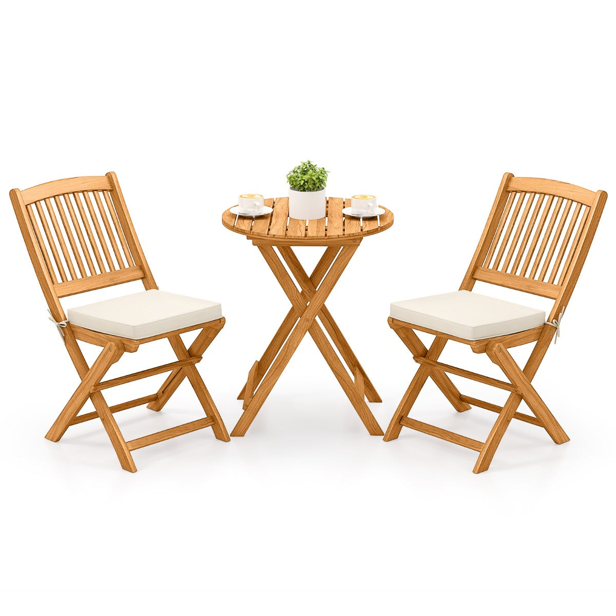 LIVSK 3-delige Opklapbare Bistroset - Ergonomisch Design - Inclusief Kussens - Duurzaam Acaciahout - Tot 180 kg - Natuurlijk hout