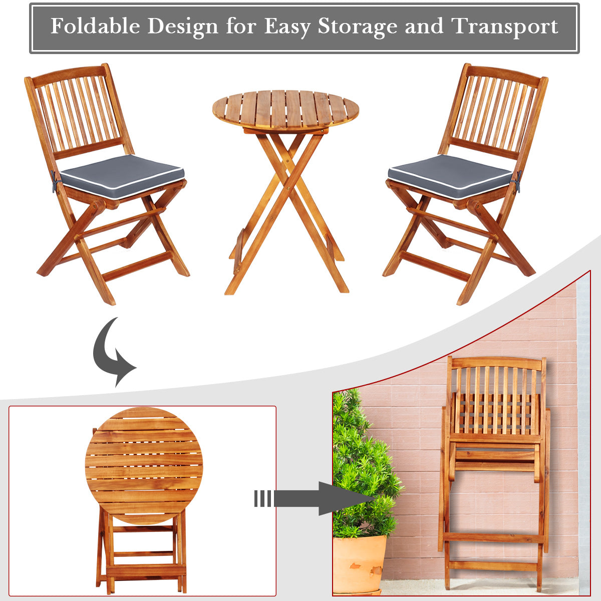LIVSK 3-delige Opklapbare Bistroset - Ergonomisch Design - Inclusief Zachte Kussens - Duurzaam Acaciahout - Natuurlijk met Grijze