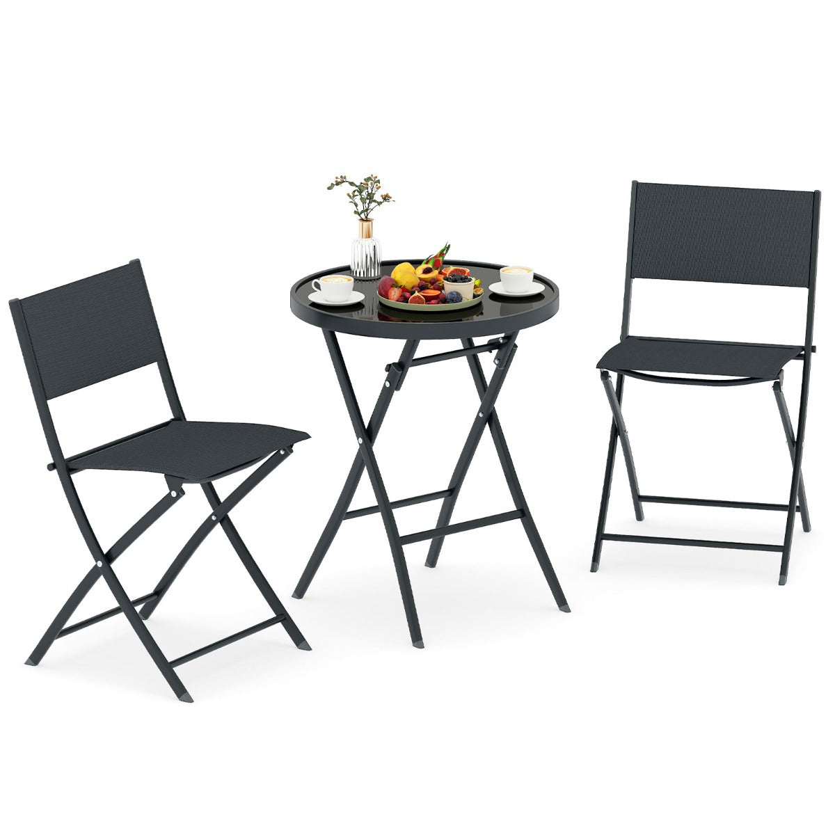 Livsk costway 3 delige opvouwbare bistroset tuinset met ademende stoffen zitting en gehard glazen tafelblad tuinmeubelset 1 1