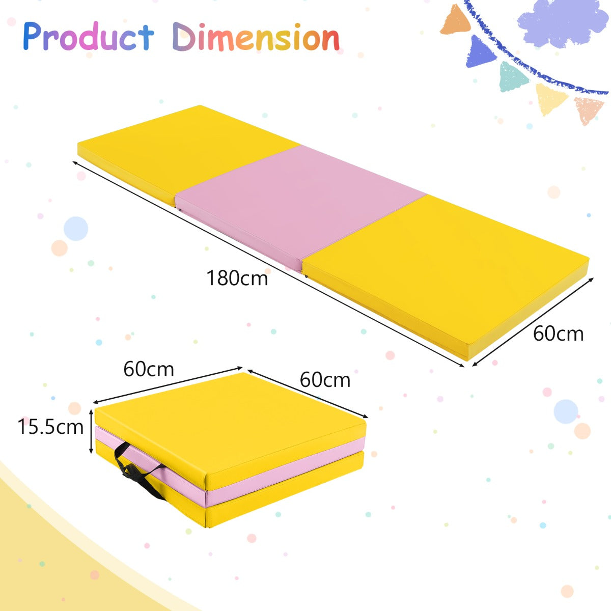 LIVSK Opvouwbare Oefenmat - Lichtgewicht en Draagbaar - Ergonomisch Ontwerp - Klittenband - 180 x 60 x 5 cm - Geel & Roze
