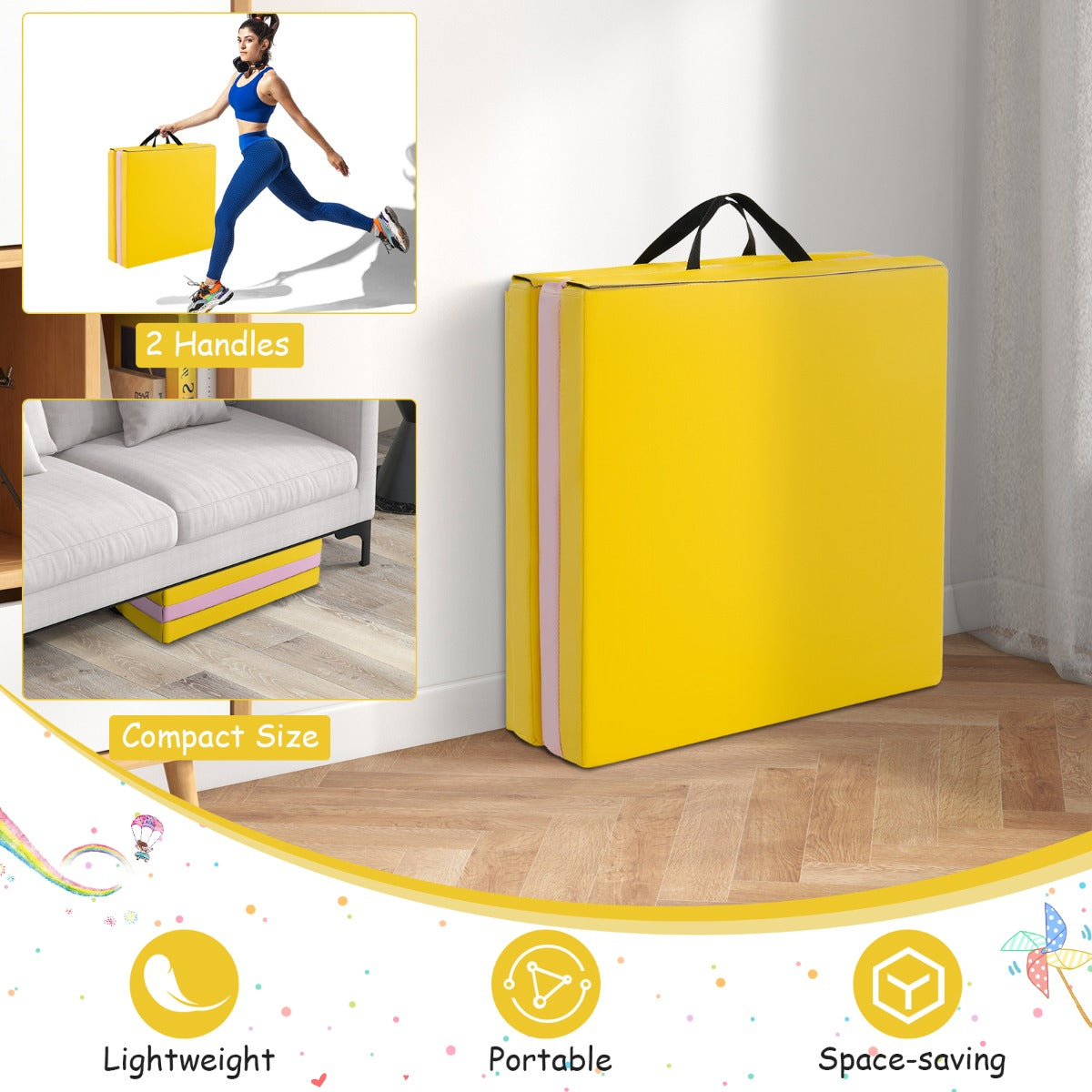 LIVSK Opvouwbare Oefenmat - Lichtgewicht en Draagbaar - Ergonomisch Ontwerp - Klittenband - 180 x 60 x 5 cm - Geel & Roze