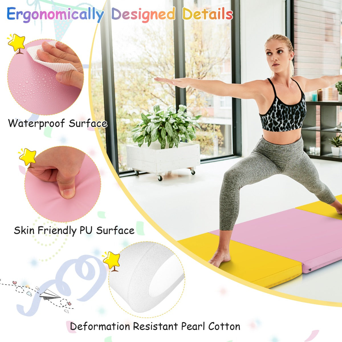 LIVSK Opvouwbare Oefenmat - Lichtgewicht en Draagbaar - Ergonomisch Ontwerp - Klittenband - 180 x 60 x 5 cm - Geel & Roze