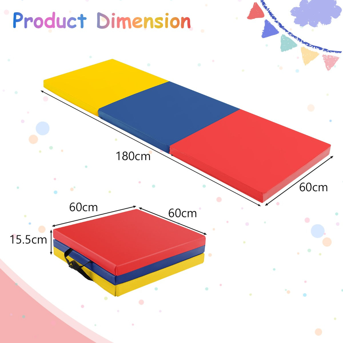 LIVSK Opvouwbare Oefenmat - Lichtgewicht - Handgrepen - Waterdicht - 180 x 60 x 5 cm - Geel + Blauw + Rood
