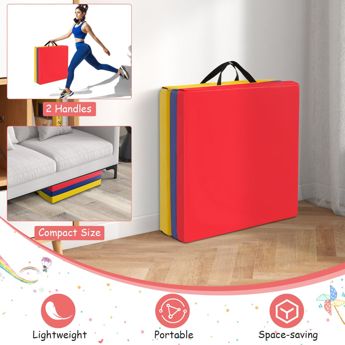 LIVSK Opvouwbare Oefenmat - Lichtgewicht - Handgrepen - Waterdicht - 180 x 60 x 5 cm - Geel + Blauw + Rood